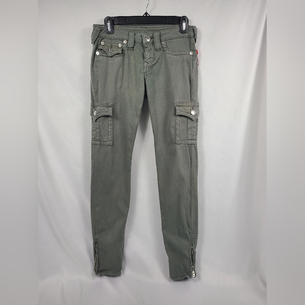 True Religion Women's Skinny Cargo Pants Size 27 Dark Olive Pockets Zipper Hem